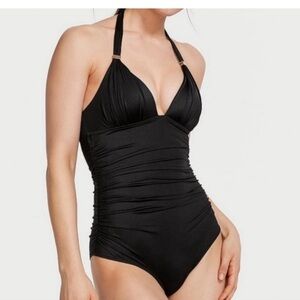 Victoria's Secret Black Ruched Halter One-Piece Swimsuit